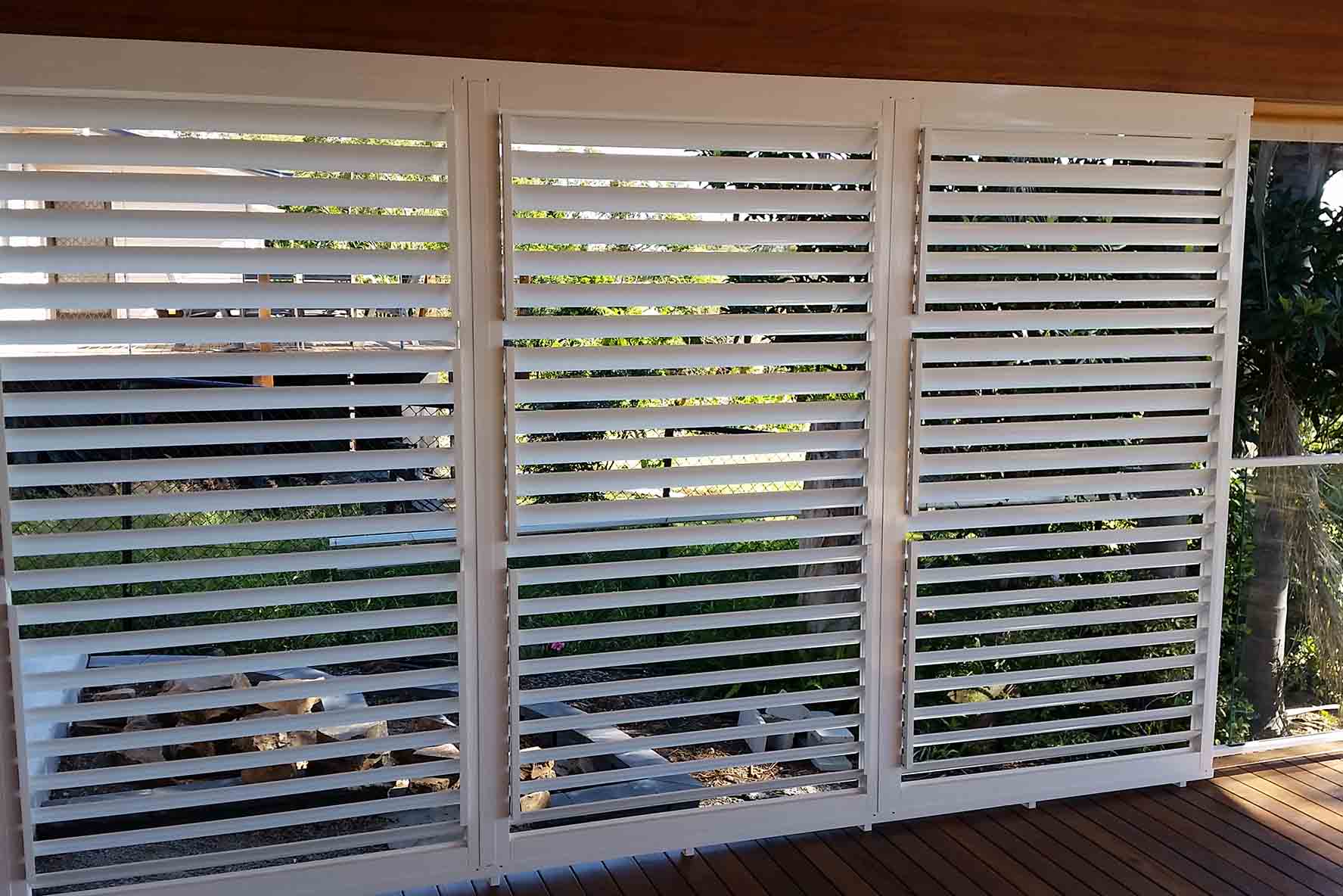 Plantation shutters installed on a patio in a Brisbane Home